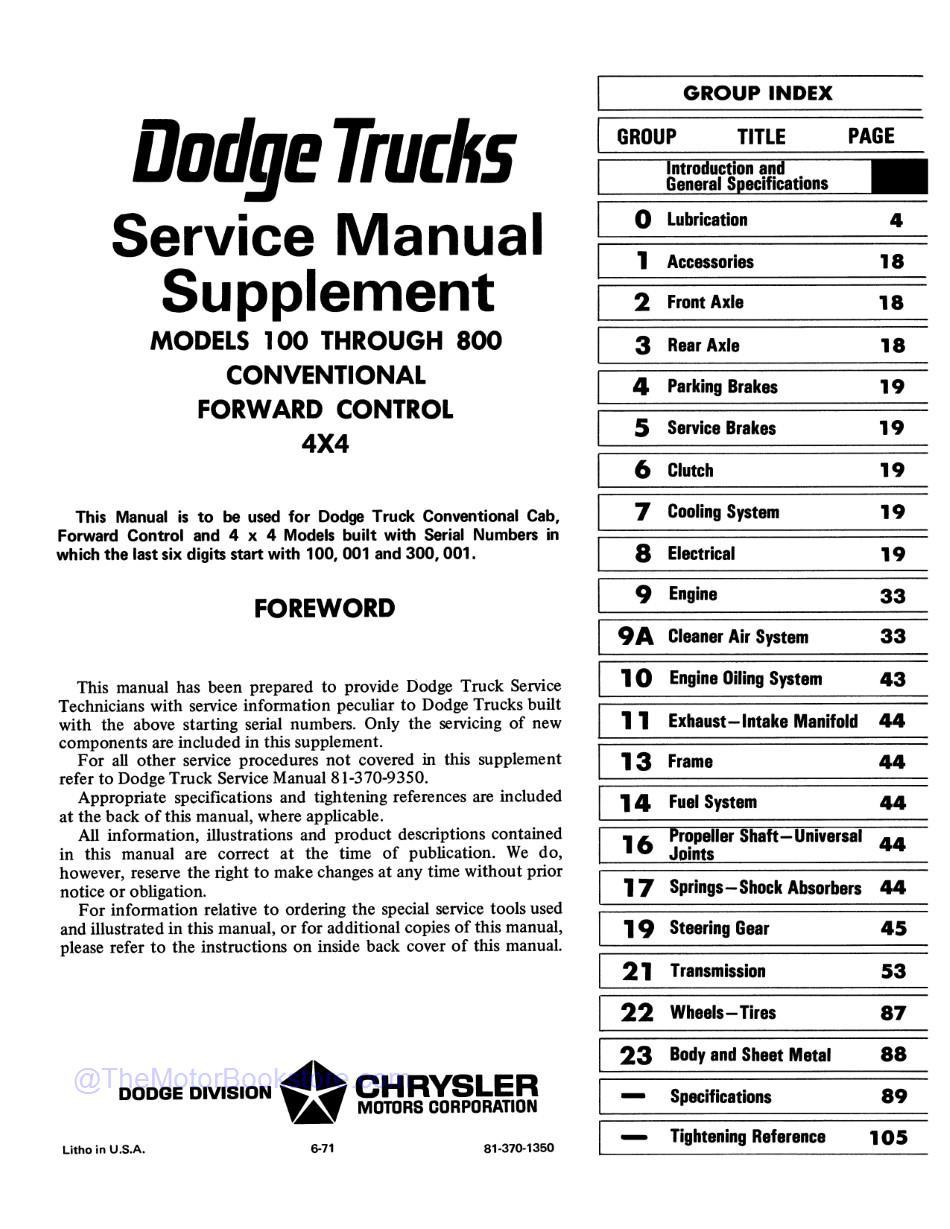 1969 - 1971 Dodge Truck 100-800 Shop Manual - Supplemental Contents