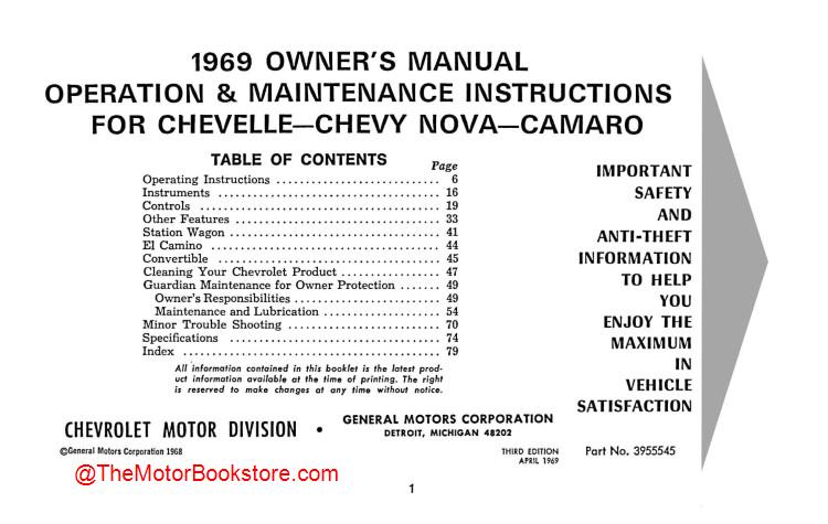 1969 Camaro, Chevelle, El Camino Owner's Manual - Table of Contents 1969 Camaro, Chevelle, El Camino Owner's Manual - Table of Contents