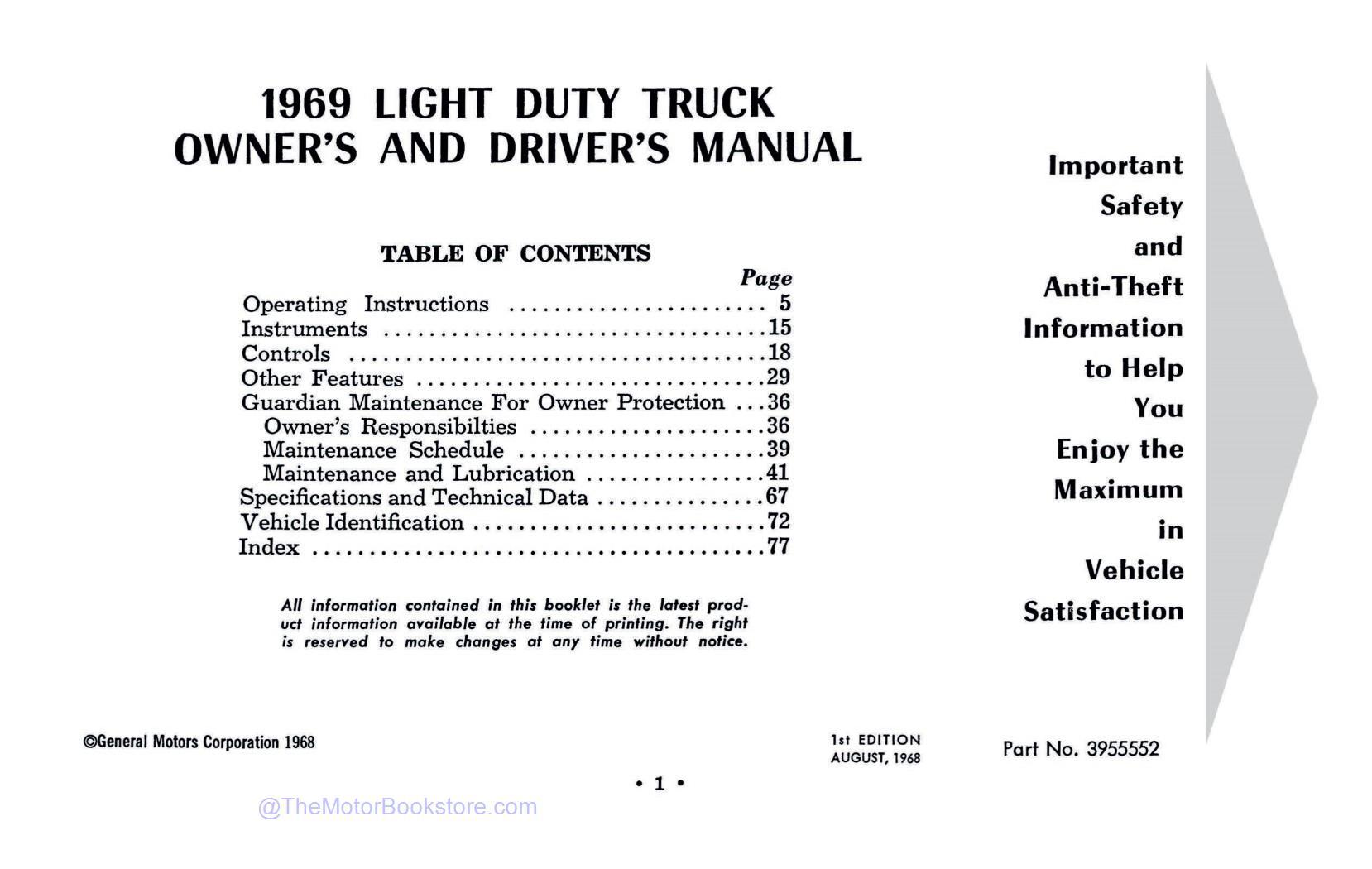1969 Chevrolet Series 10-30 Truck Owner's Manual - Table of Contents 1969 Chevrolet Series 10-30 Truck Owner's Manual - Table of Contents