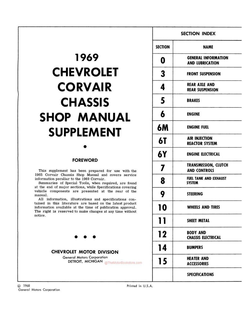 1969 Chevrolet Corvair Chassis Shop Manual Supplement - Table of Contents Page