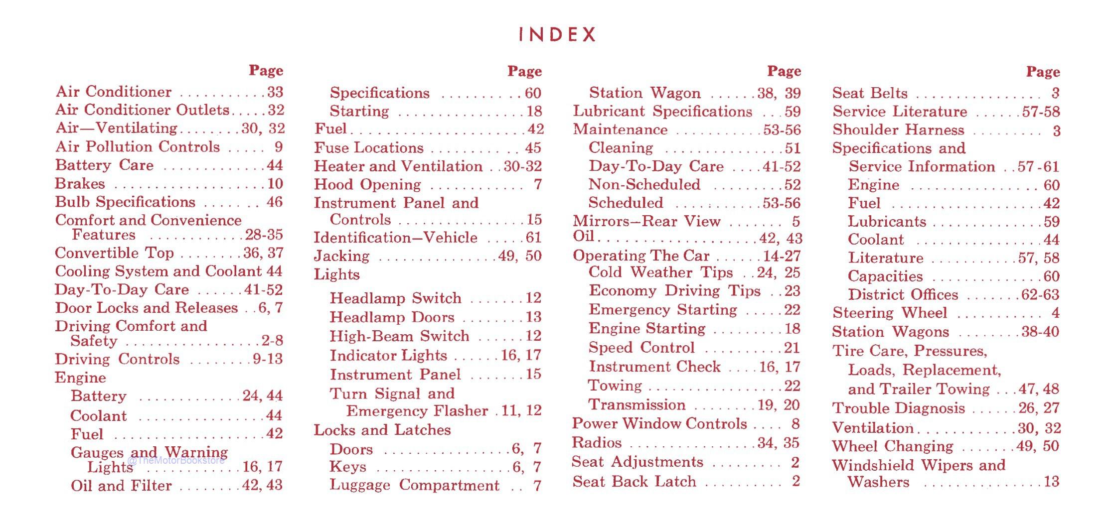 1969 Ford Car Owner's Manual  - Table of Contents