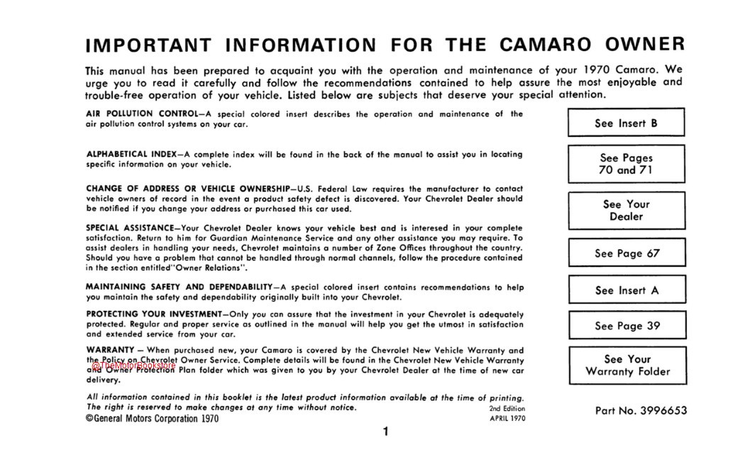 1970 Camaro Owner's Manual  - Table of Contents