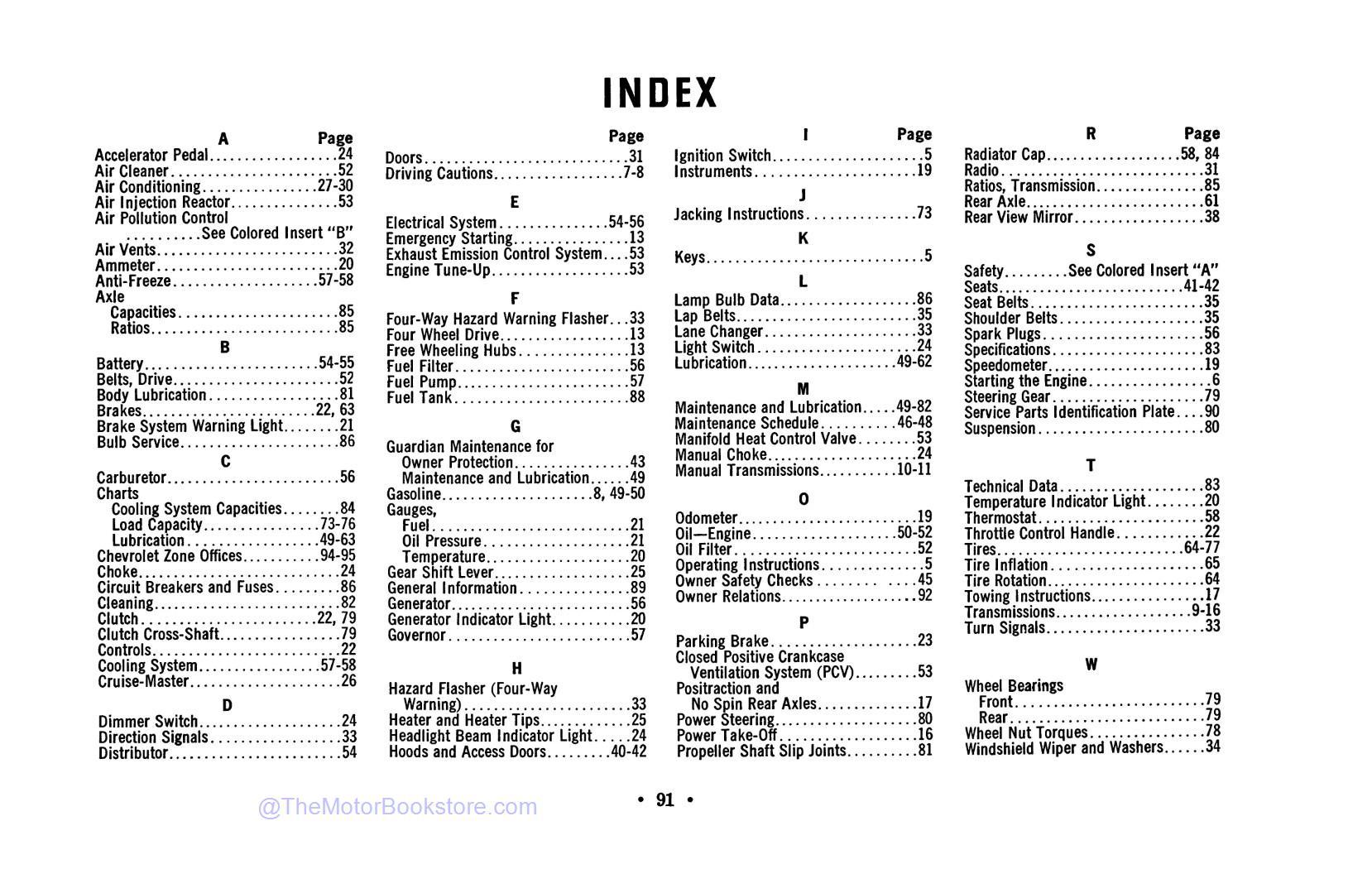 1970 Chevrolet Series 10-30 Truck Owner's Manual - Table of Contents 1970 Chevrolet Series 10-30 Truck Owner's Manual - Table of Contents