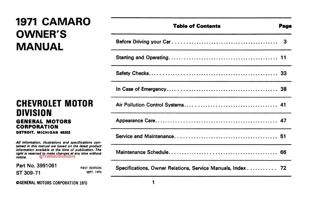 1971 Camaro Owner's Manual  - Table of Contents