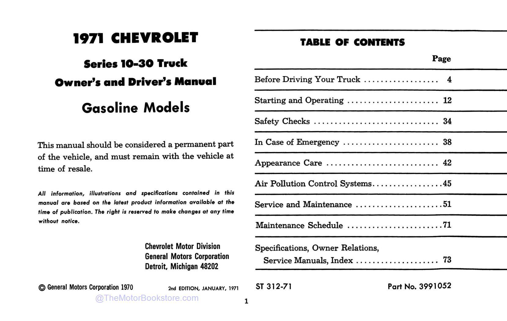 1971 Chevrolet Series 10-30 Truck Owner's Manual - Table of Contents 1971 Chevrolet Series 10-30 Truck Owner's Manual - Table of Contents