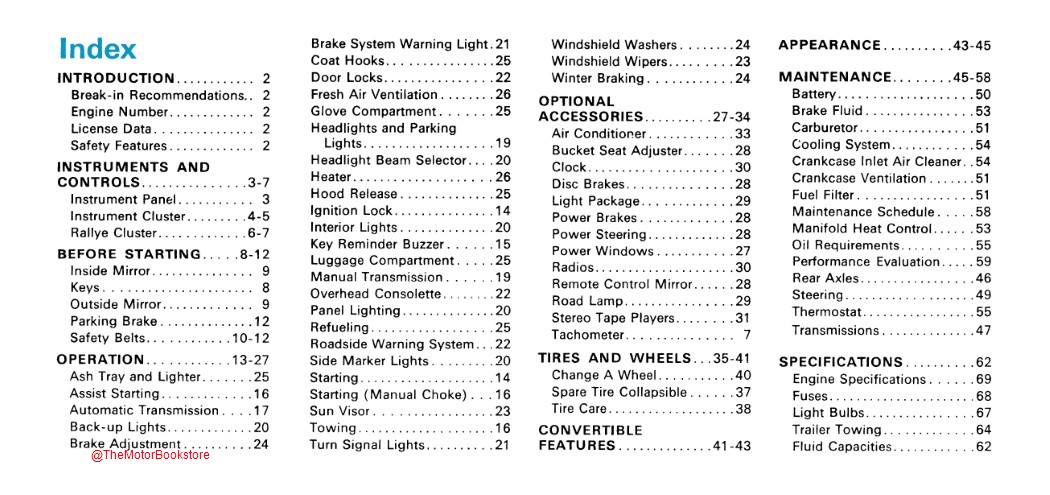 1971 Plymouth Barracuda Owner's Manual - COLOR  - Table of Contents