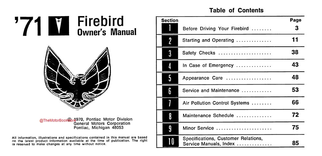 1971 Pontiac Firebird, Esprit, Formula, Trans Am Owner's Manual  - Table of Contents