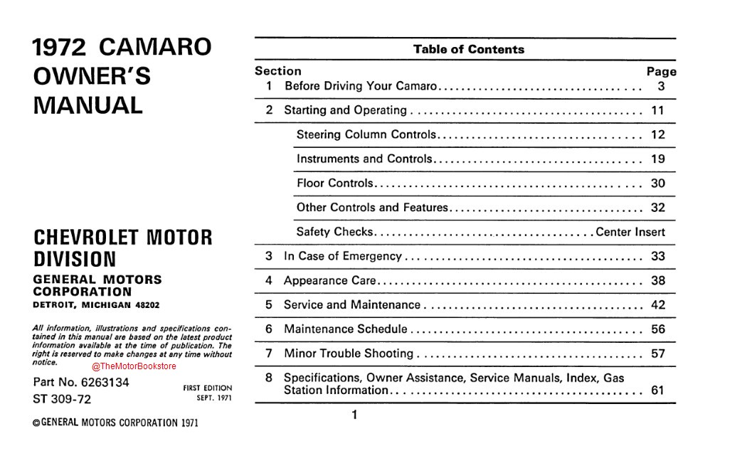 1972 Camaro Owner's Manual  - Table of Contents