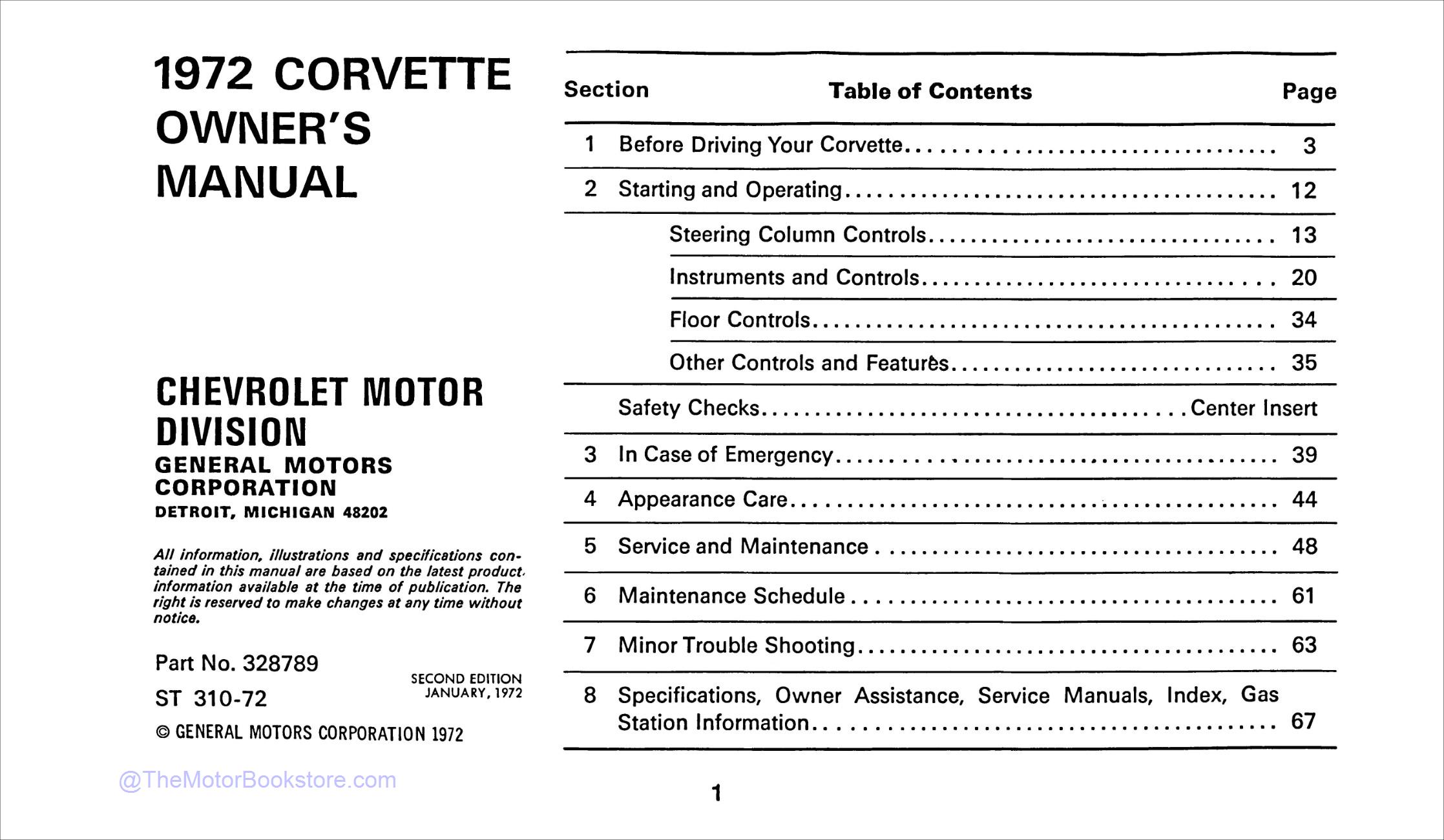 1972 Corvette Owners Manual  - Table of Contents