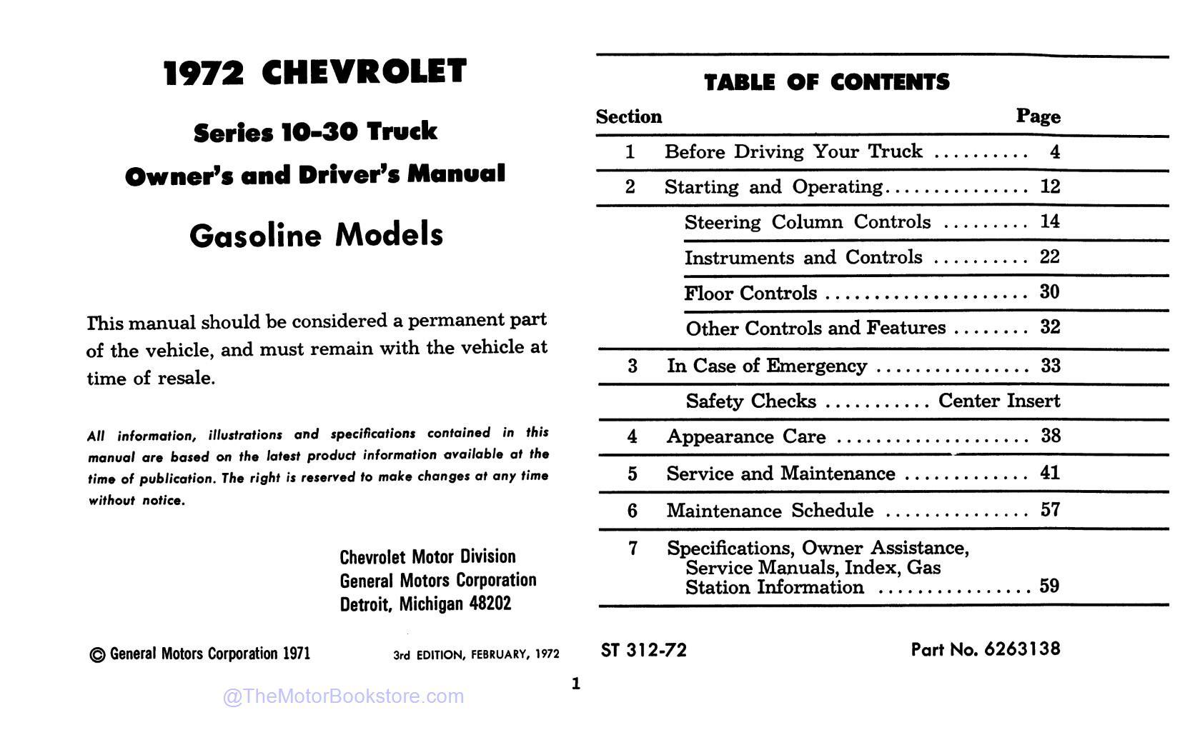 1972 Chevrolet Light Duty Truck Owner's Manual  - Table of Contents 1972 Chevrolet Light Duty Truck Owner's Manual  - Table of Contents