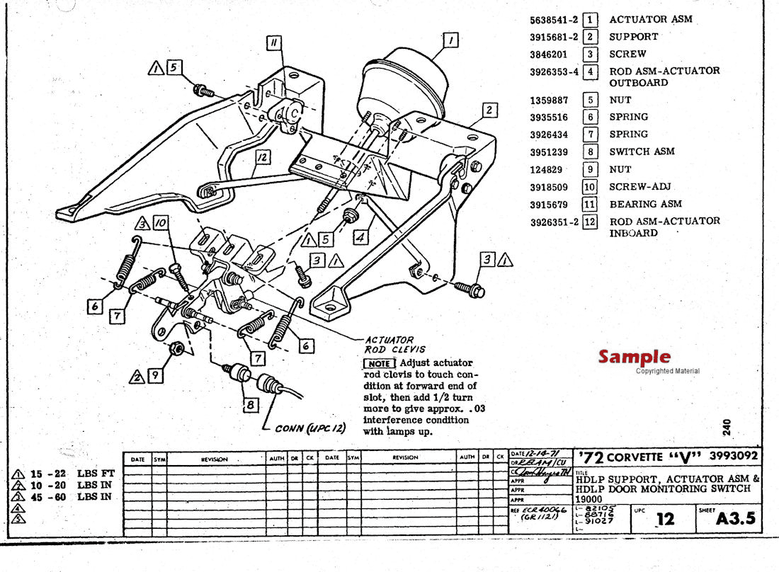 1972 Corvette Factory Assembly Manual, Sample Page - HDLP Support, Actuator ASM & HDLP Door Monitoring Switch