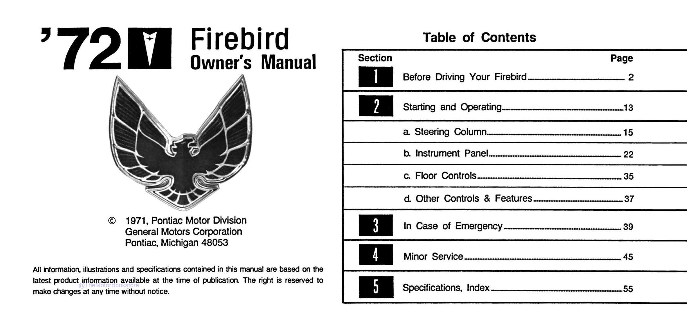 1972 Pontiac Firebird Owner's Manual  - Table of Contents