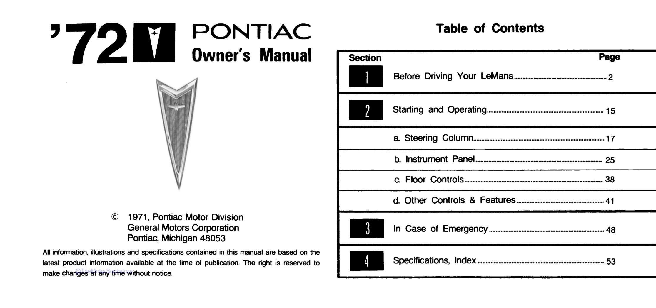 1972 Pontiac GTO & LeMans Owner's Manual  - Table of Contents