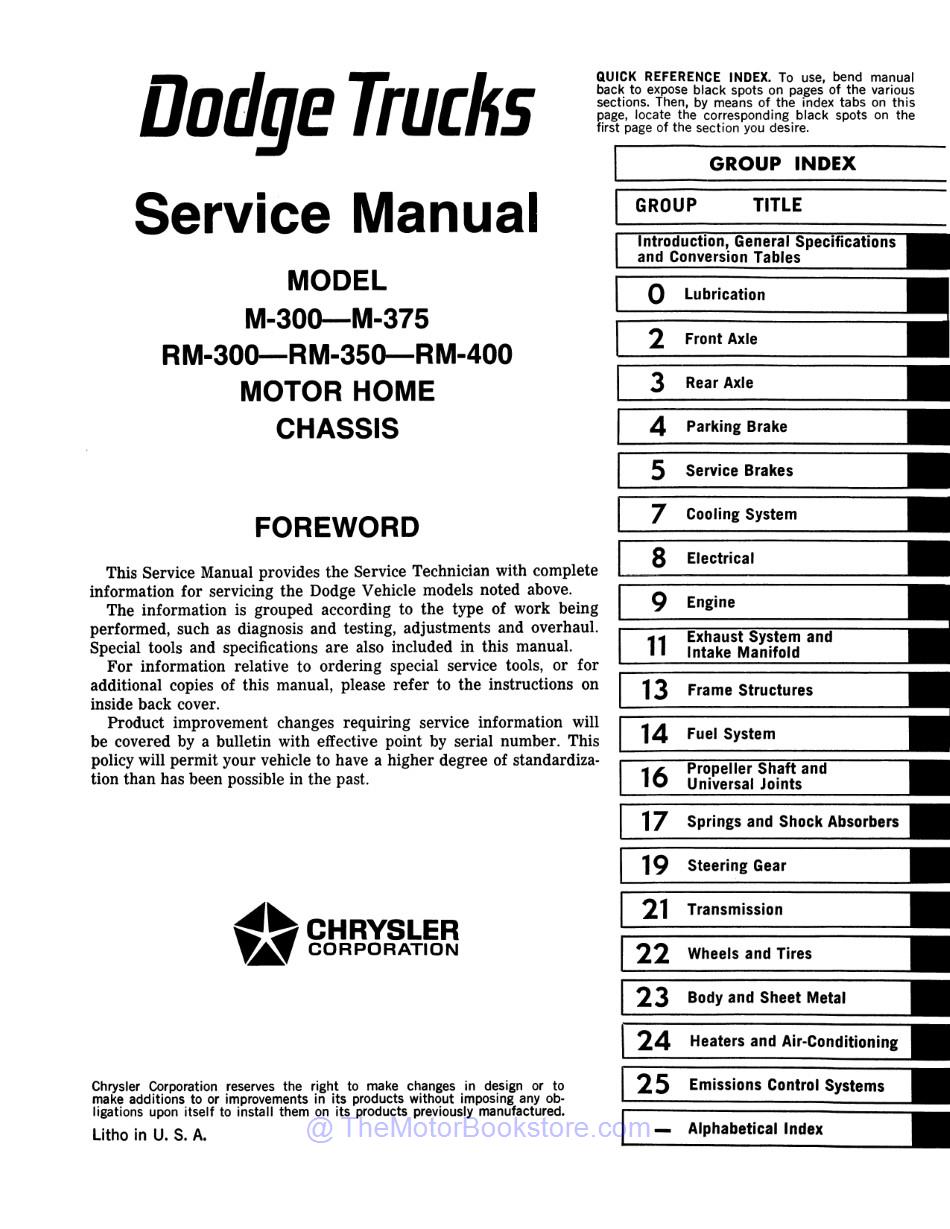 1973 - 1975 Dodge Motor Home Chassis Shop Manual  - Table of Contents 1