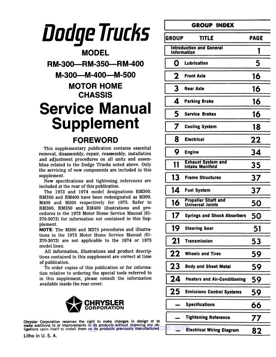 1973 - 1975 Dodge Motor Home Chassis Shop Manual  - Table of Contents 2