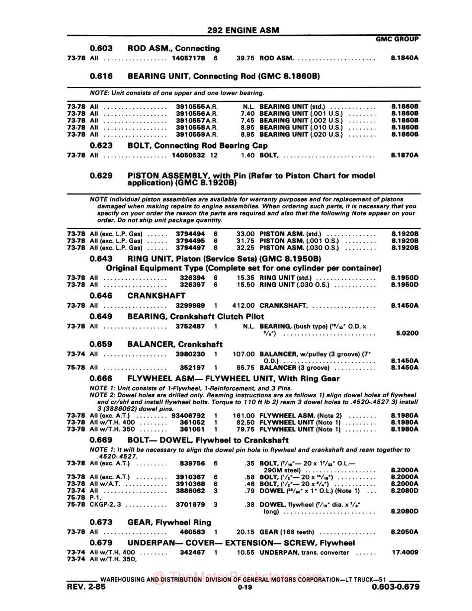 1973 - 1978 Chevrolet & GMC Truck Parts & Illustrations Catalog Set - Sample Page - Text - Engine Asm