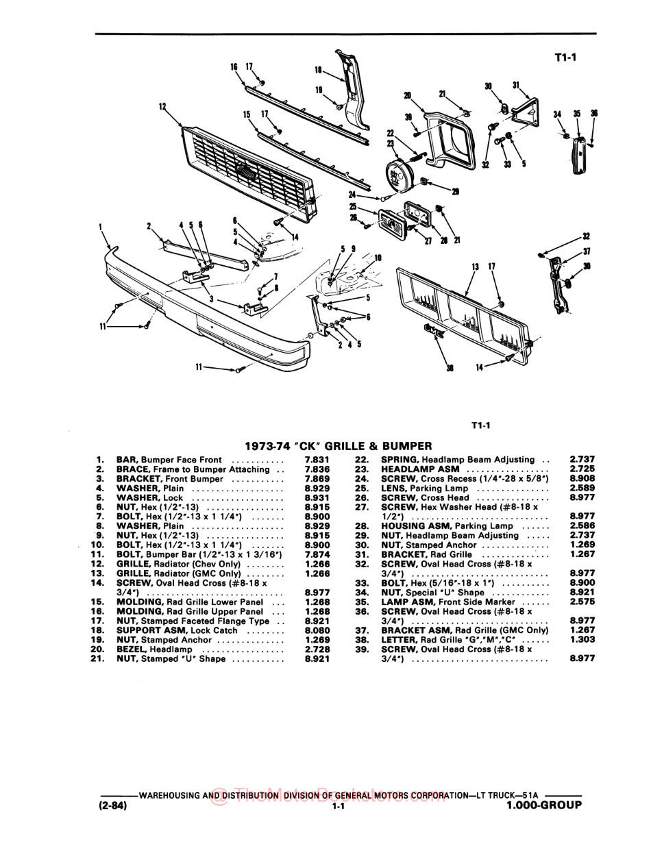 1973 - 1978 Chevrolet & GMC Truck Parts & Illustrations Catalog Set - Sample Page - 73-74 CK Grille & Bumper