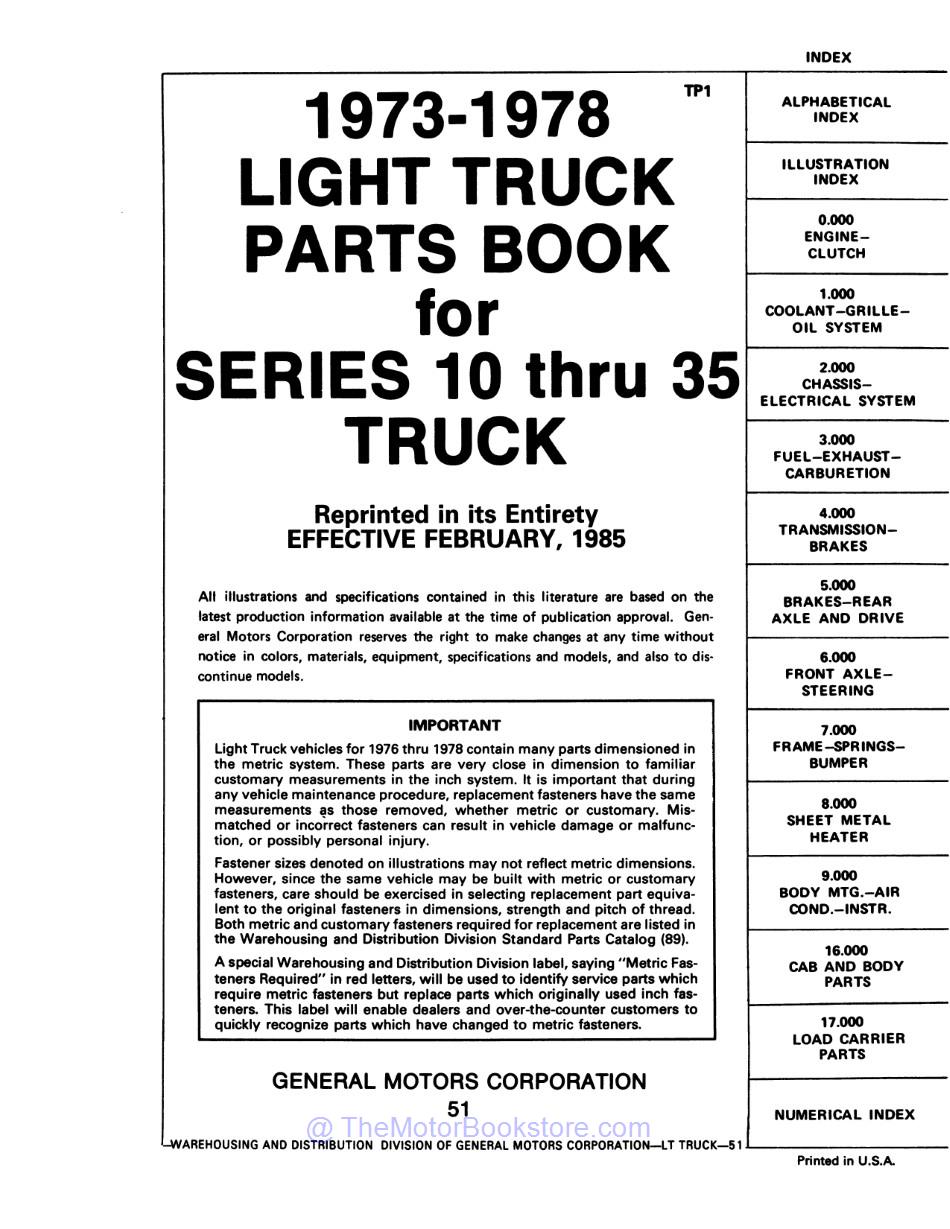 1973 - 1978 Chevrolet & GMC Truck Parts & Illustrations Catalog Set  - Table of Contents 1