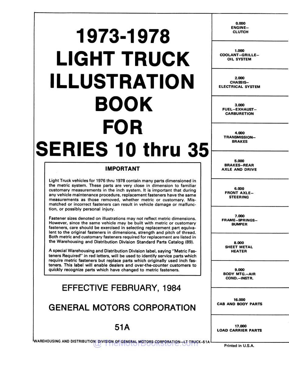 1973 - 1978 Chevrolet & GMC Truck Parts & Illustrations Catalog Set  - Table of Contents 2