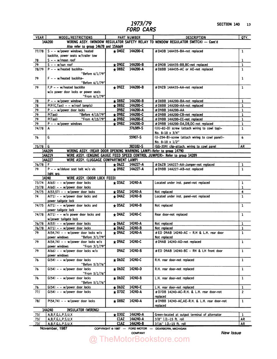 1973 - 1979 Ford Car Parts Text & Illustrations Catalog Set - Sample Page - Text Section 140