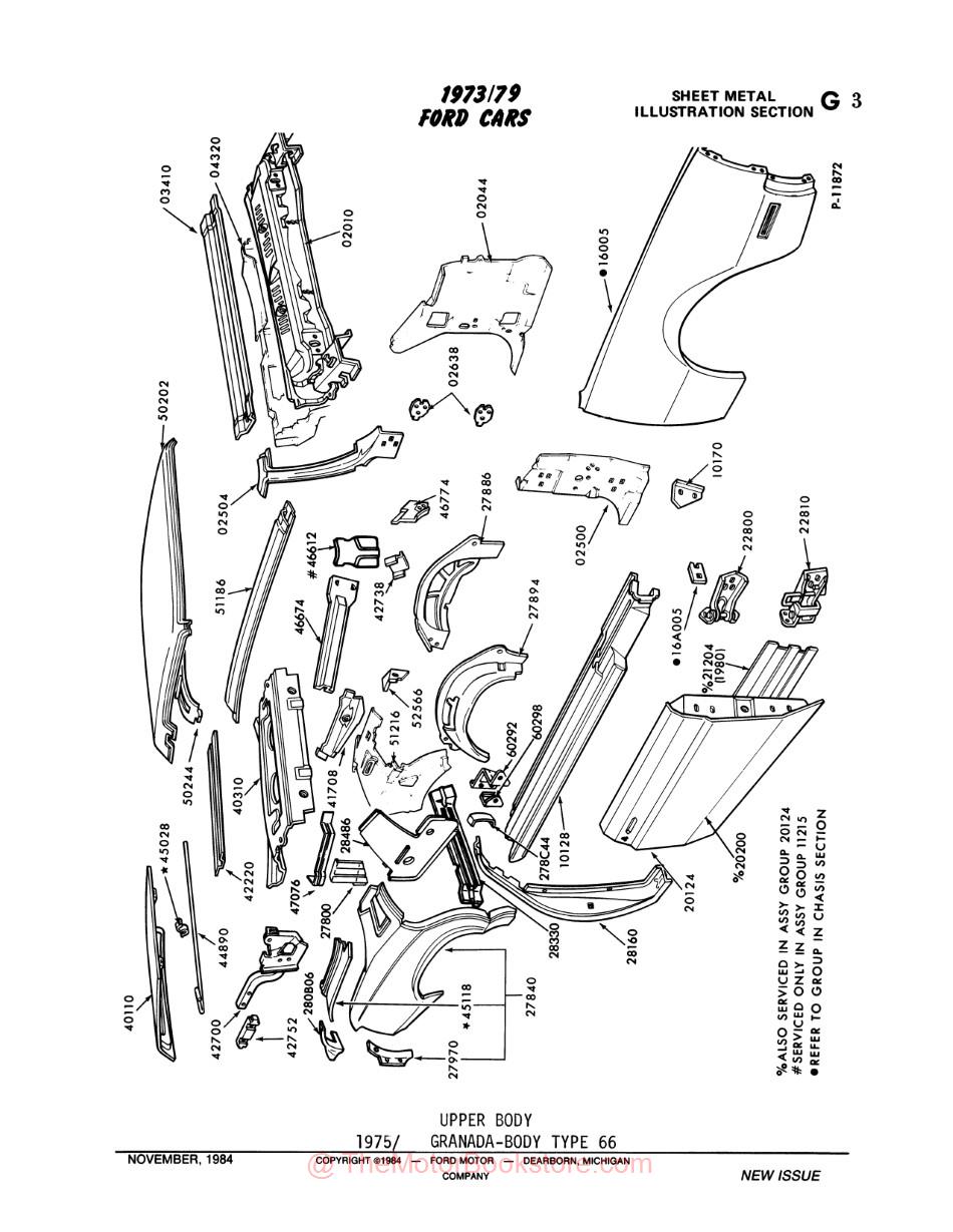 1973 - 1979 Ford Car Parts Text & Illustrations Catalog Set - Sample Page - Illustrations - Upper Body 1975 Granada