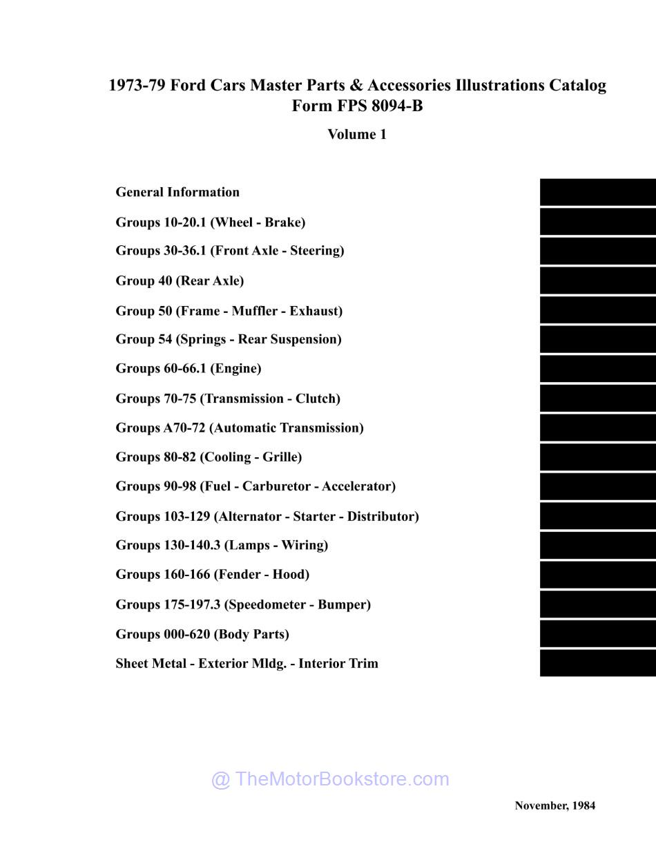 1973 - 1979 Ford Car Parts Text & Illustrations Catalog Set  - Table of Contents 2
