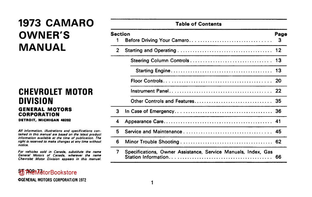 1973 Camaro Owner's Manual  - Table of Contents