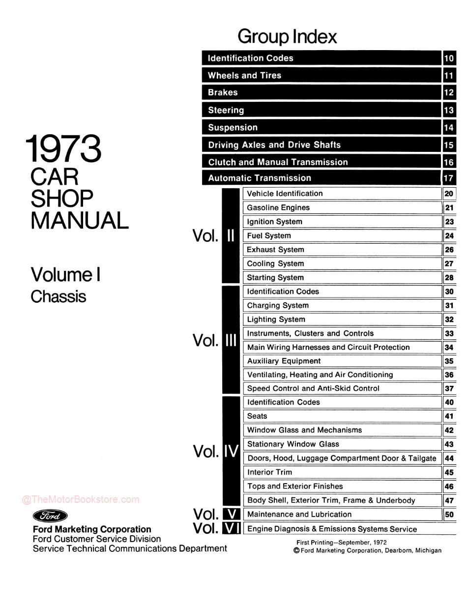 1973 Ford / Lincoln / Mercury Shop Manual -Table of Contents Volume 1