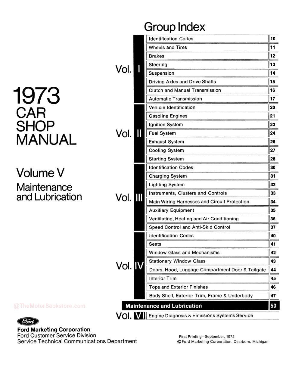 1973 Ford / Lincoln / Mercury Shop Manual -Table of Contents Volume 5