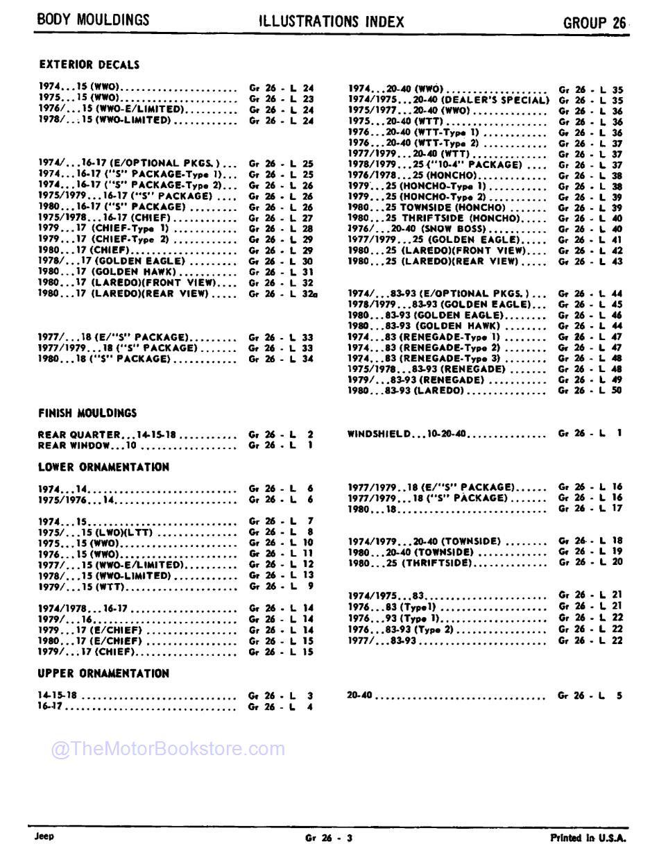 1974 - 1980 Jeep Parts Catalog F-74080 R2  Sample Page 2 - Body Mouldings Illustration Index
