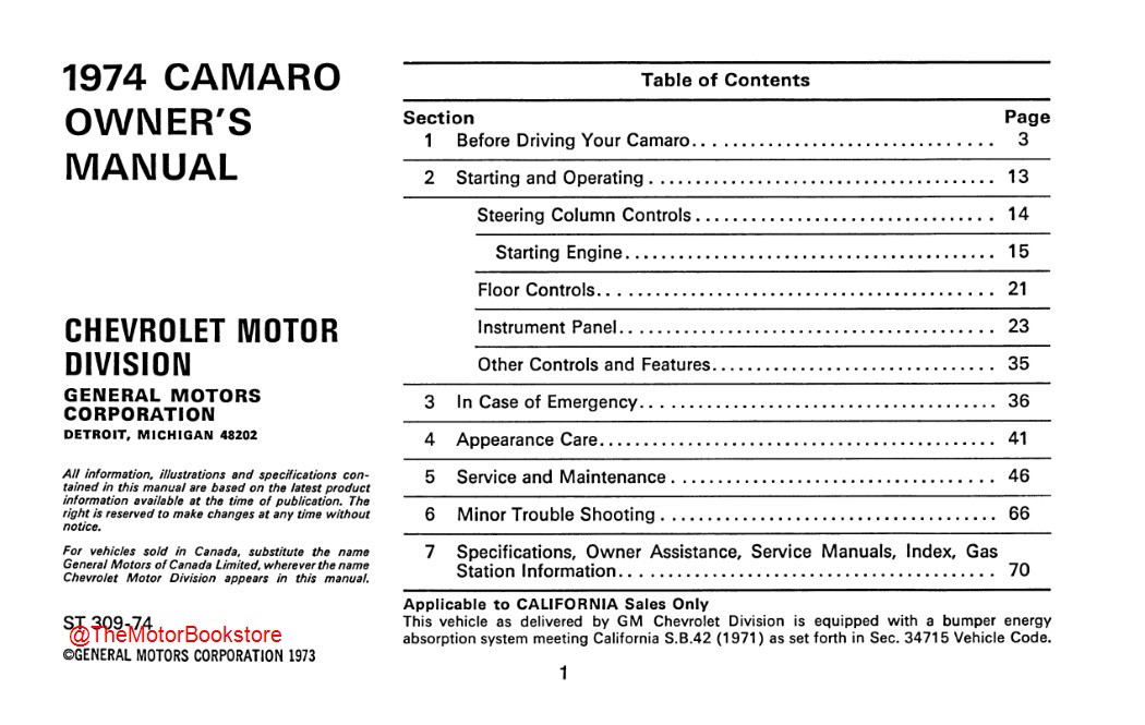 1974 Camaro Owner's Manual - Table of Contents 1974 Camaro Owner's Manual - Table of Contents
