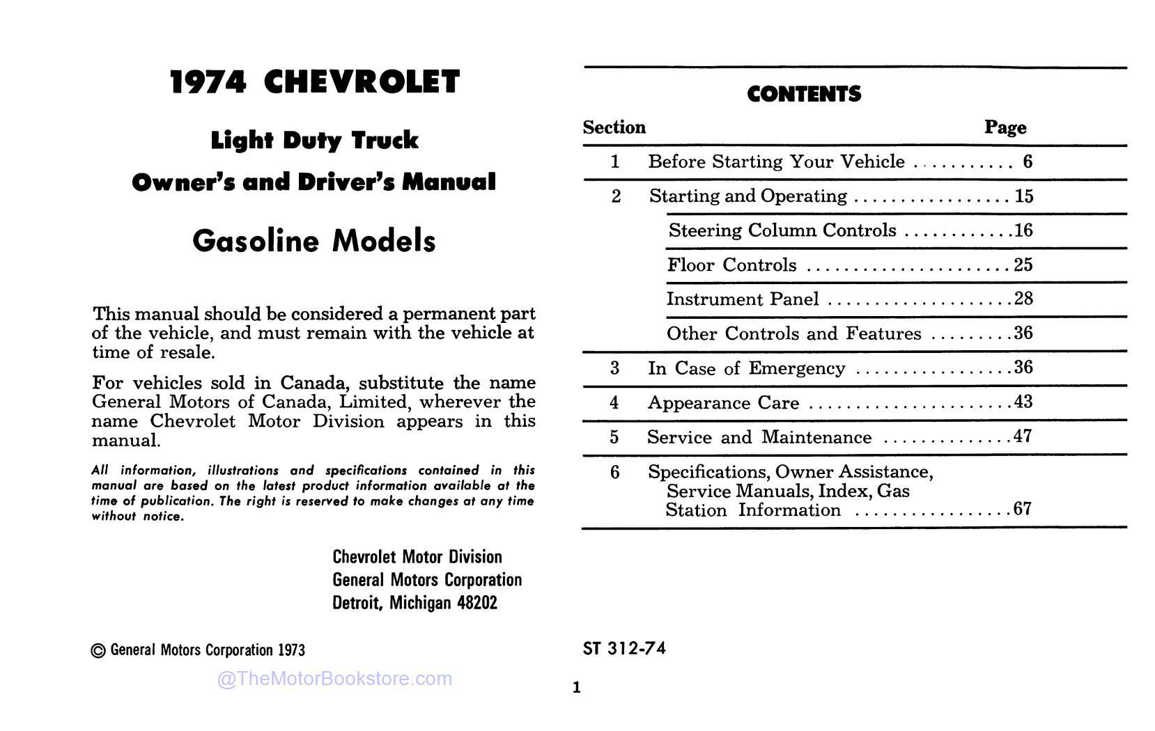 1974 Chevrolet Light Duty Truck (Gasoline) Owner's Manual  - Table of Contents