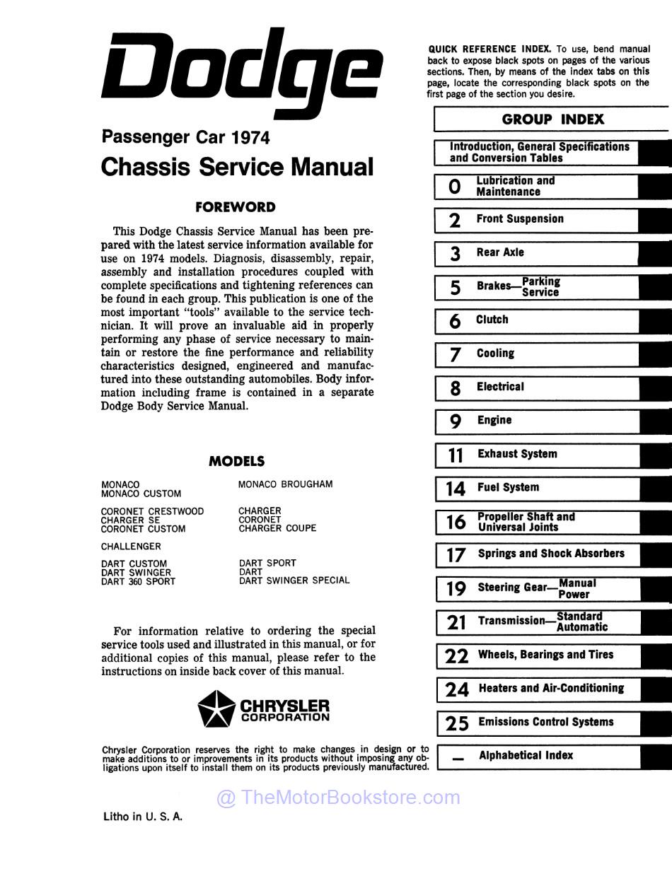 1974 Dodge Chassis & Body Service Manual Set  - Table of Contents 1