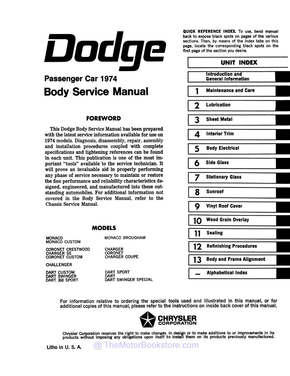 1974 Dodge Chassis & Body Service Manual Set  - Table of Contents 2