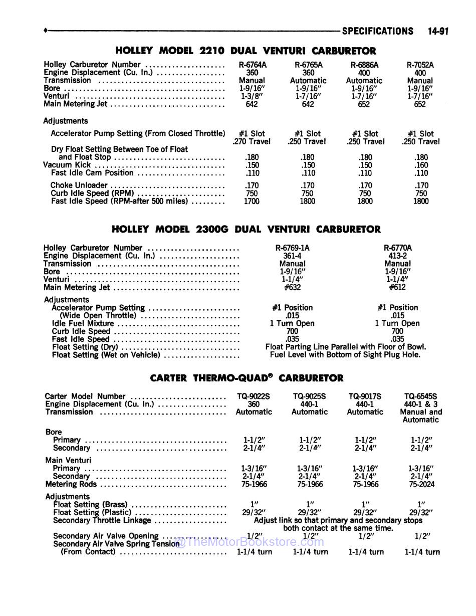 1974 Dodge Truck 100-800 Shop Manual - Sample Page 3 - Carburetor Specifications