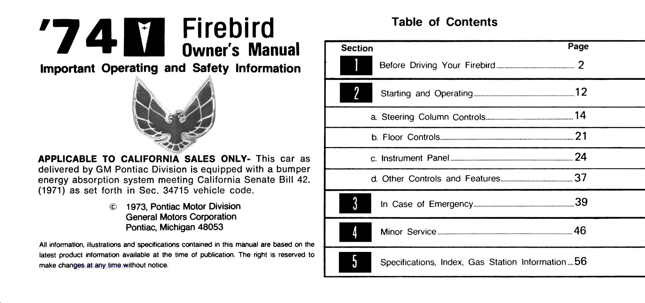 1974 Pontiac Firebird Owner's Manual  - Table of Contents
