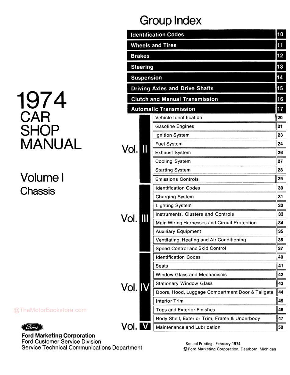 1974 Ford / Lincoln / Mercury Shop Manual -Table of Contents Volume 1