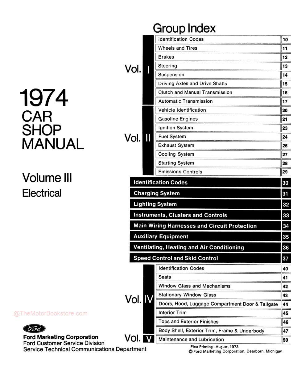 1974 Ford / Lincoln / Mercury Shop Manual -Table of Contents Volume 3