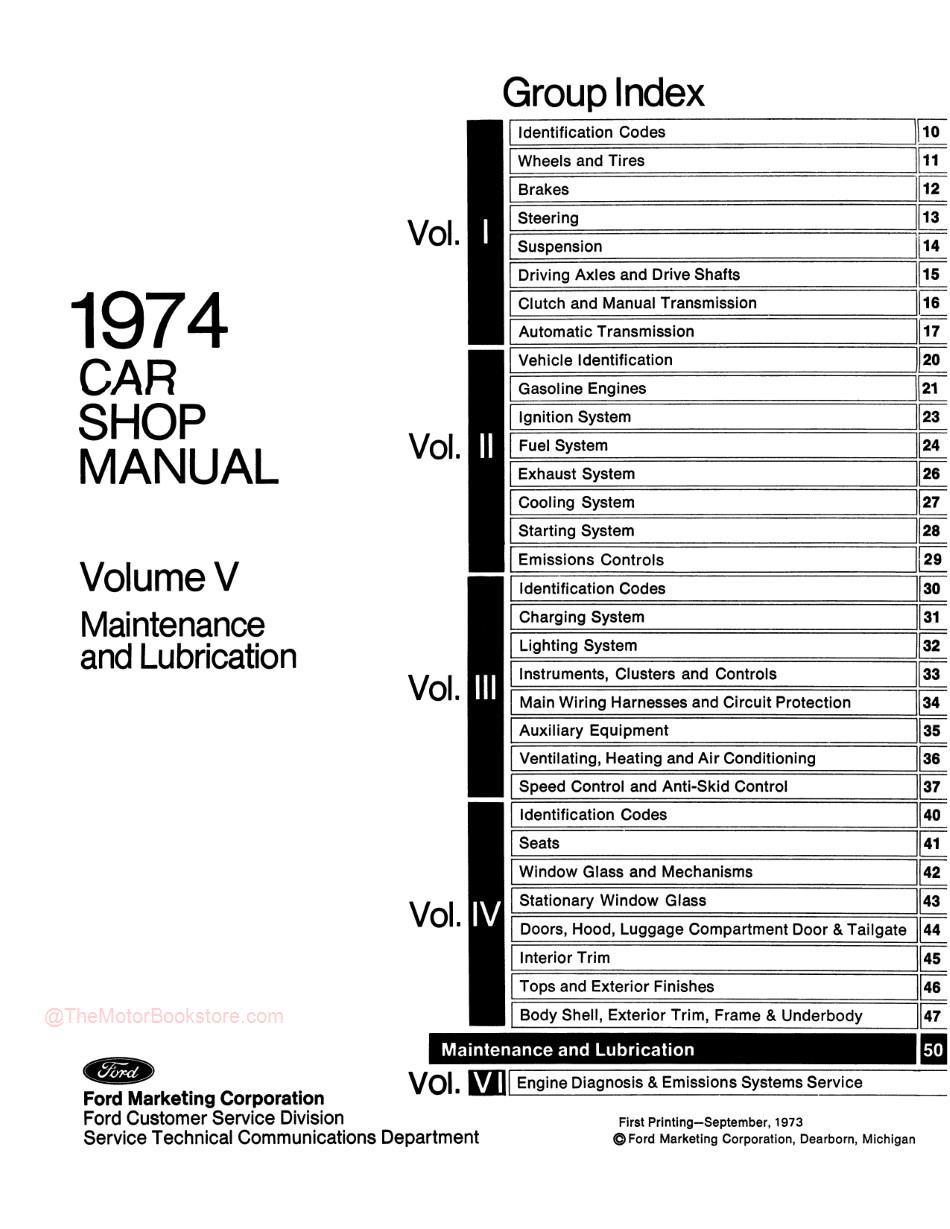 1974 Ford / Lincoln / Mercury Shop Manual -Table of Contents Volume 5