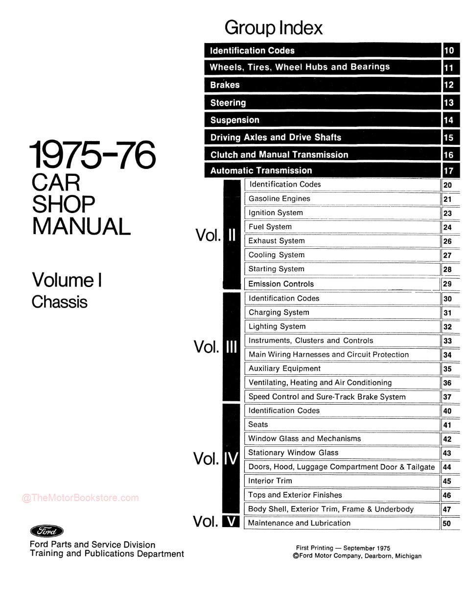 1975 - 1976 Ford / Lincoln / Mercury Shop Manual - Table of Contents Volume 1