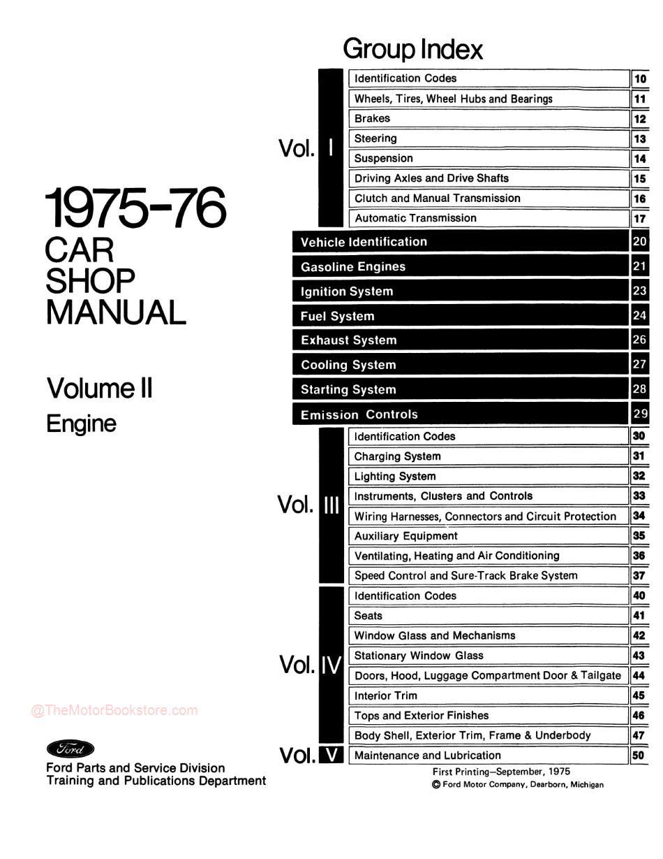 1975 - 1976 Ford / Lincoln / Mercury Shop Manual - Table of Contents Volume 2