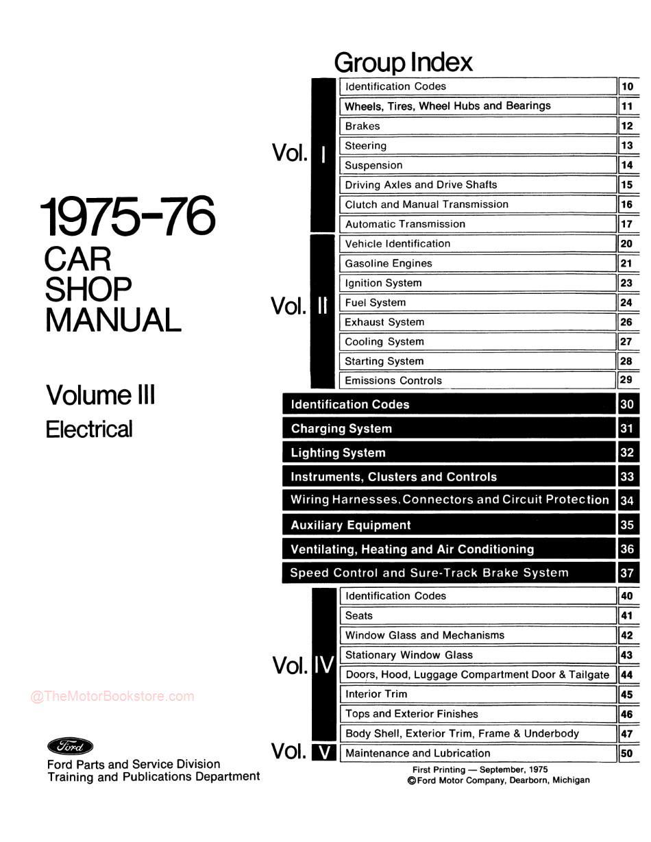 1975 - 1976 Ford / Lincoln / Mercury Shop Manual - Table of Contents Volume 3