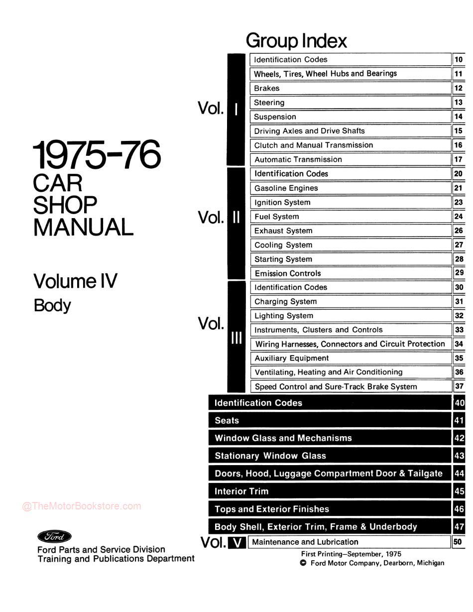 1975 - 1976 Ford / Lincoln / Mercury Shop Manual - Table of Contents Volume 4