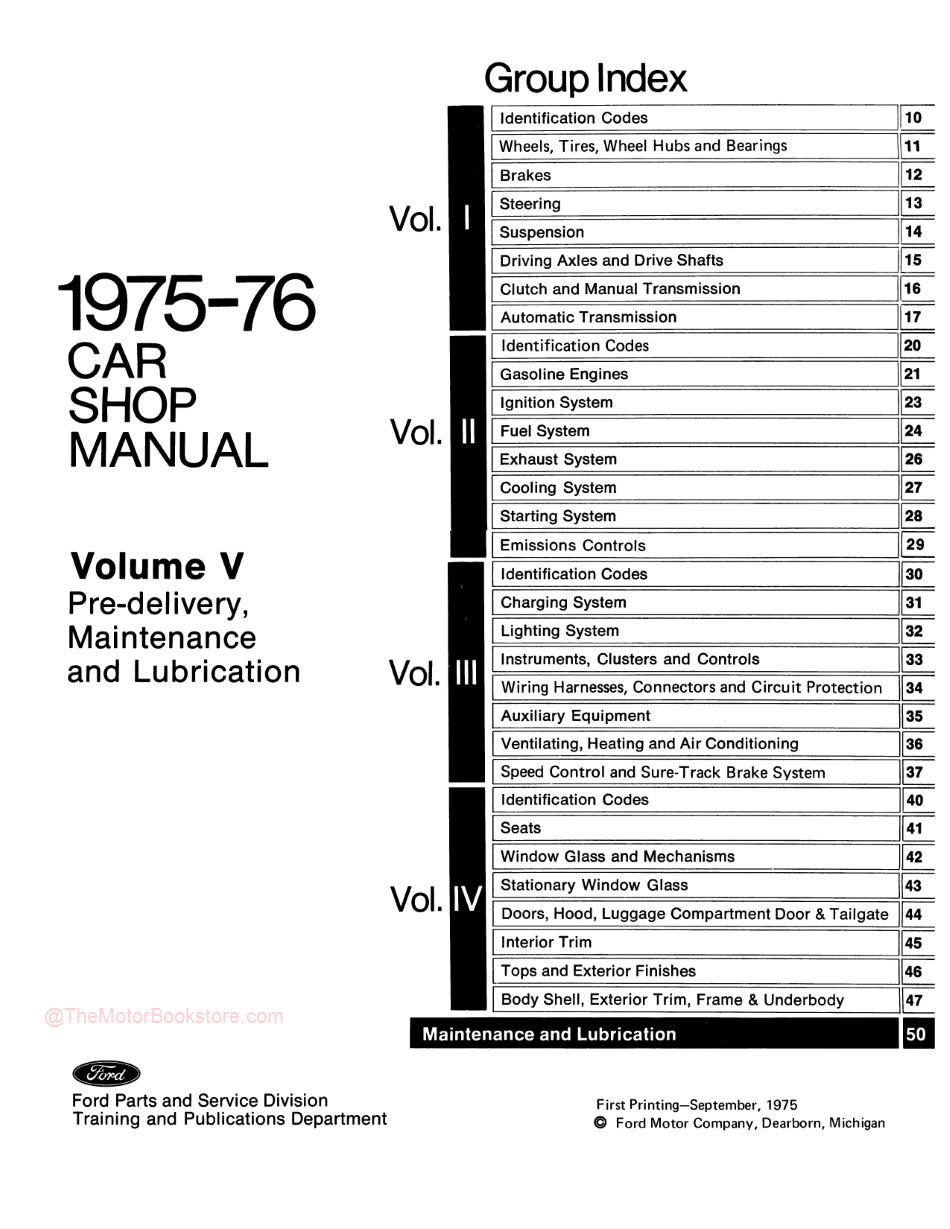 1975 - 1976 Ford / Lincoln / Mercury Shop Manual - Table of Contents Volume 5