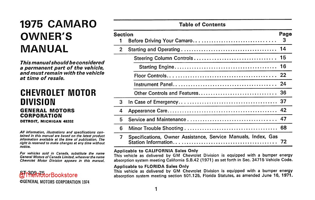 1975 Camaro Owner's Manual  - Table of Contents