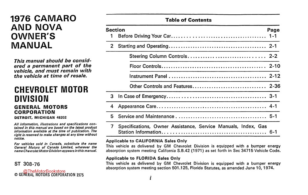 1976 Camaro Owner's Manual - Table of Contents