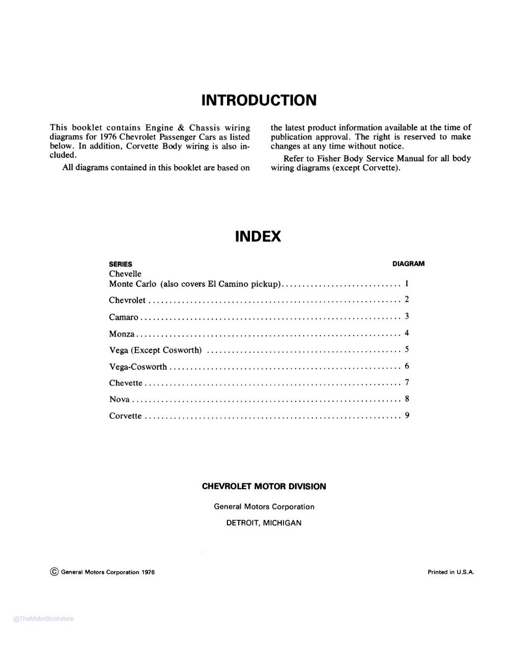 1976 Chevrolet Car Wiring Diagrams  - Table of Contents