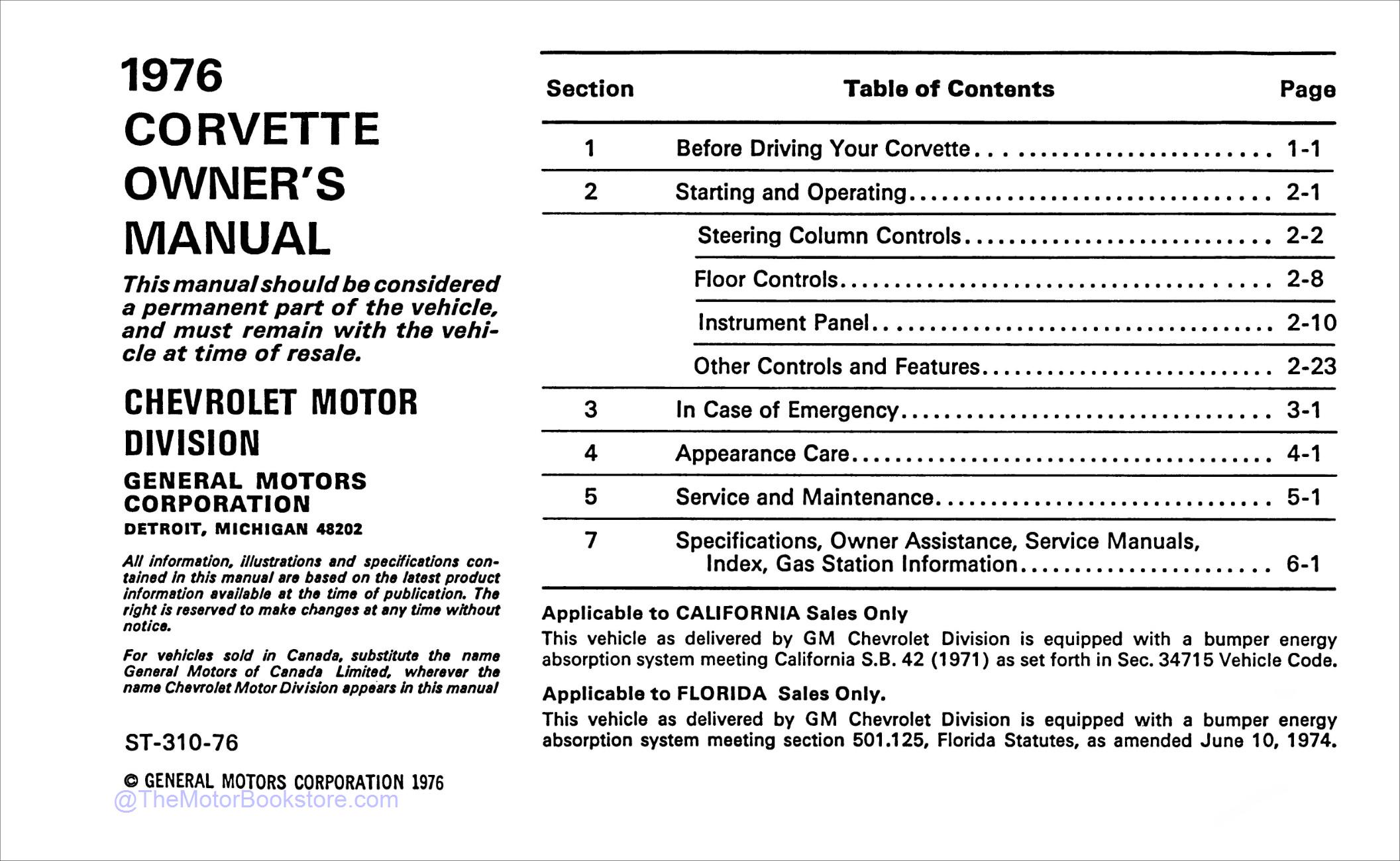 1976 Corvette Owners Manual  - Table of Contents