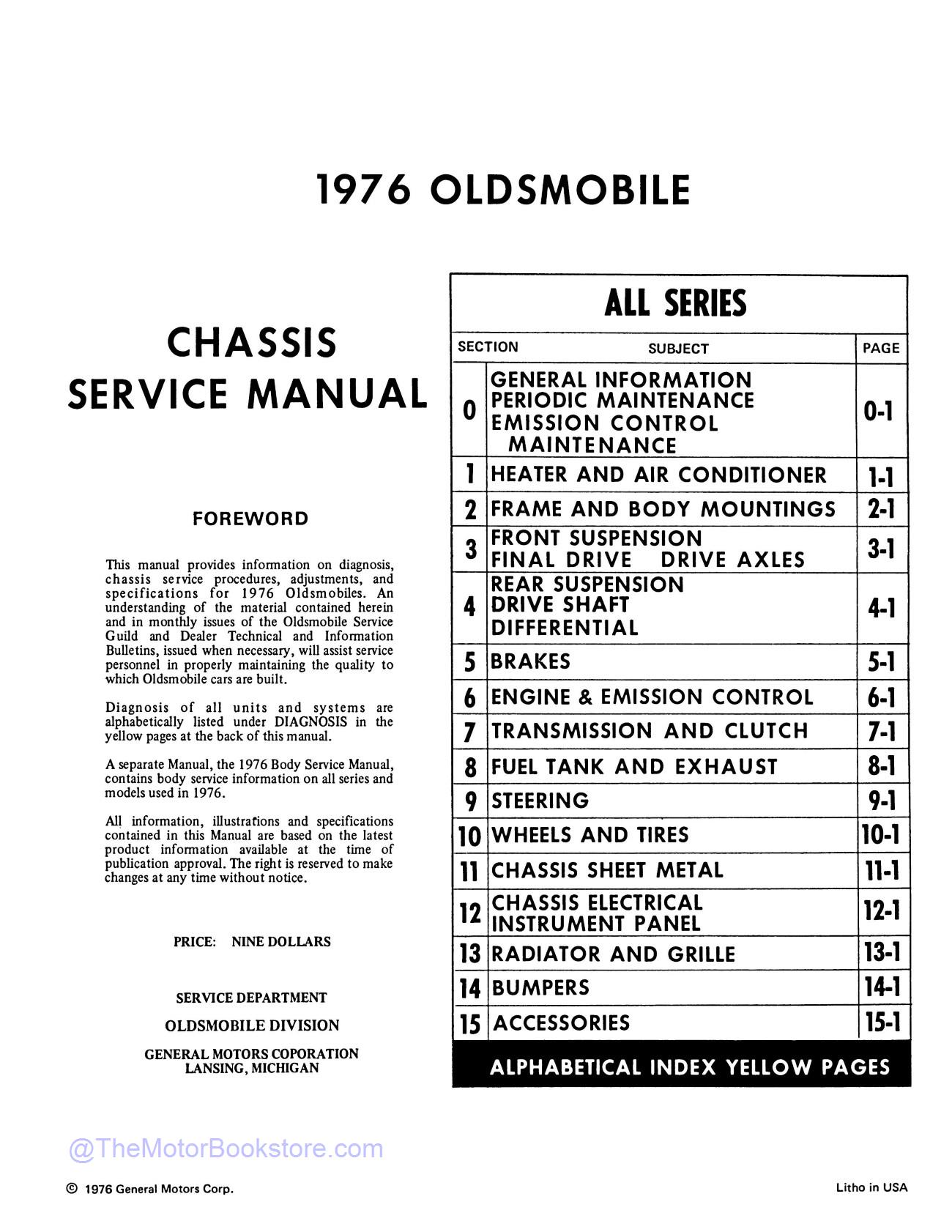 1976 Oldsmobile Service Repair Manual  - Table of Contents