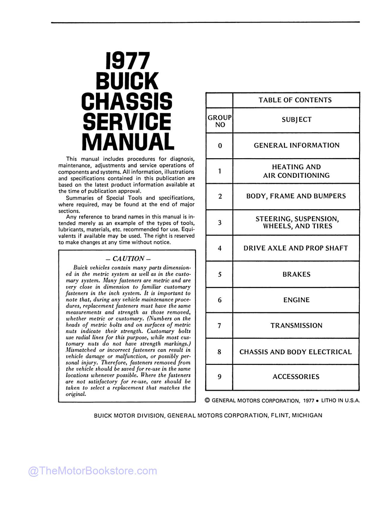 1977 Buick Chassis Service Manual All Series  - Table of Contents